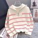 Color Block Striped Sweater Women's Pullover Knit Top With Half-Zip Design, Loose Fit Casual Long Sleeve Crewneck_voghion.com