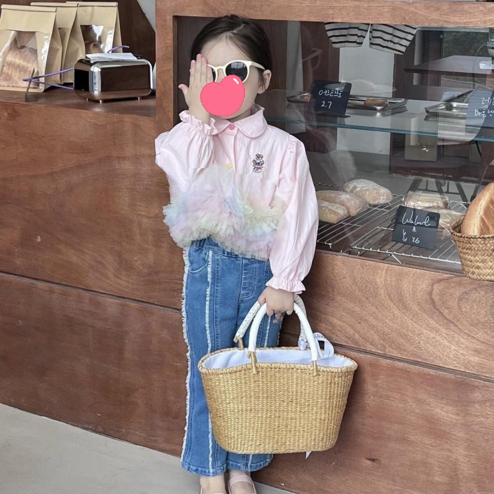 Abbigliamento per bambini ragazze camicia in rete in stile western jeans con bordo grezzo set due pezzi_voghion.com