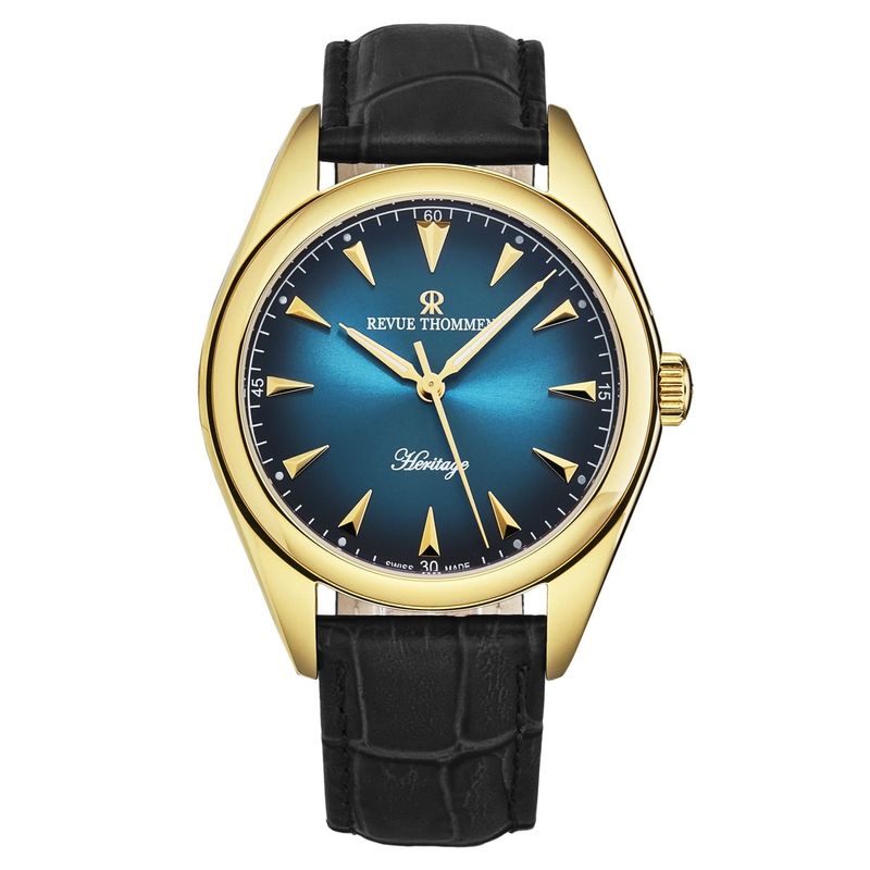 Revue Thommen Men's 'Heritage' Blue Dial Black Leather Strap Automatic Watch 21010.2515_voghion.com