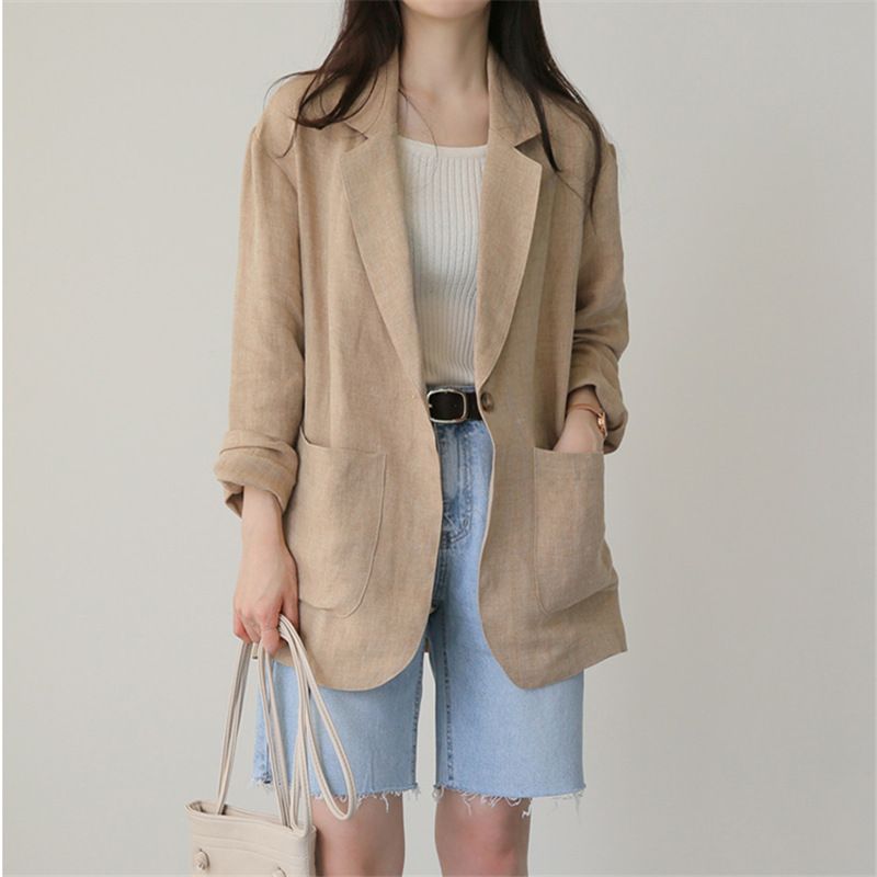 9310 Veste de costume fine en coton et lin pour femme, style britannique décontracté, manches longues, printemps 2025_voghion.com