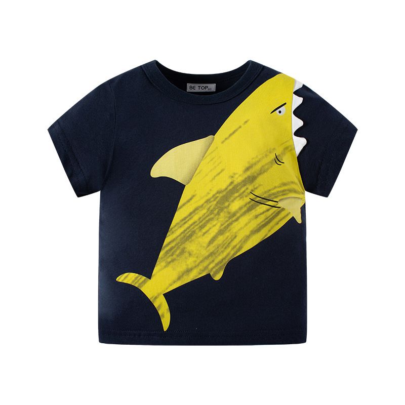Camiseta de manga corta con estampado de tiburones y dibujos animados para madre e hijo, suéter de algodón puro, top para bebé, entrega de una pieza a la moda_voghion.com