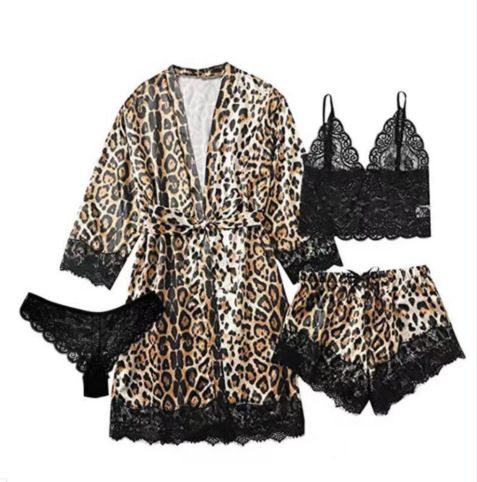 "Women's Sexy Lace Pajama Set - Soft Breathable Sleepwear With Leopard Print & Black Options, Plus Size Comfort For Home & Lounge"_voghion.com