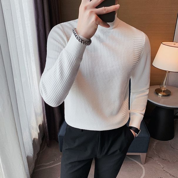 Vīriešu apģērbs vīriešu džemperis pavasarim un rudenim, jauns, pieguļošs, vidēja kakla izgriezuma iekšējais apģērbs korejiešu stila džemperis ar pusaugstu apkakli_voghion.com