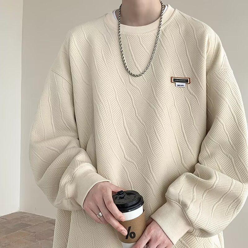 Casual loose round neck jacquard hoodie for boys in spring and autumn, new style for upper garment, base layer, long sleeved men's jacket_voghion.com
