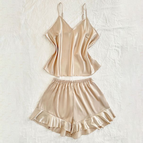 Plus Size Damen-Eispyjama-Set, schlichte, dünne Seidennachtwäsche, modischer Schnürpyjama_voghion.com