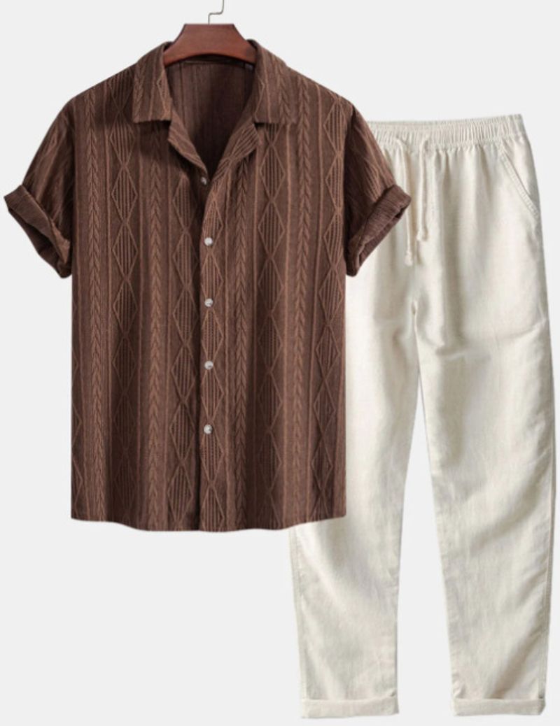 Ensemble élégant chemise et pantalon en lin à manches courtes pour homme avec impression numérique 3D – Tenue d'été confortable et décontractée_voghion.com