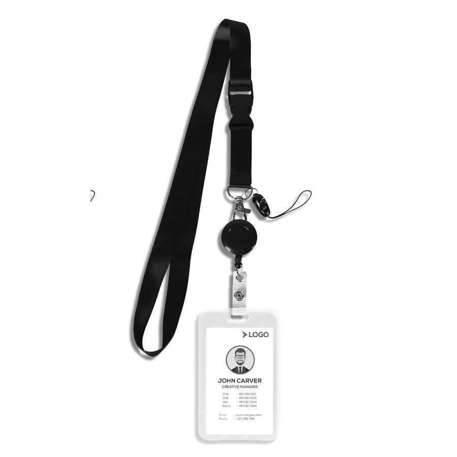 Porta badge trasparente bifacciale con cordino nero e fibbia retrattile per badge facile da tirare_voghion.com