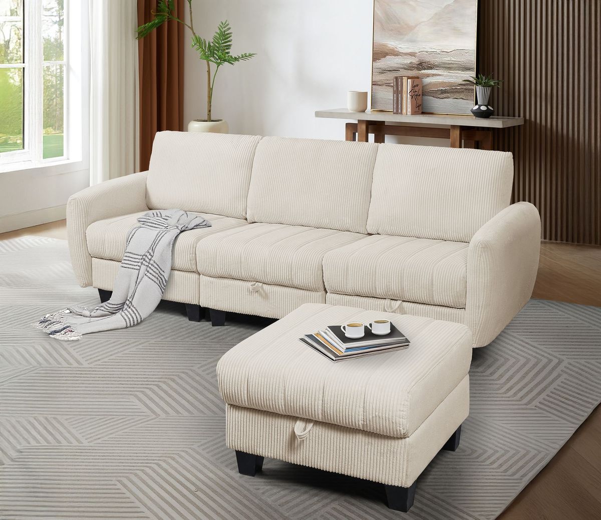 Beige White Corduroy Fabric Sofa With OTTOMAN_voghion.com