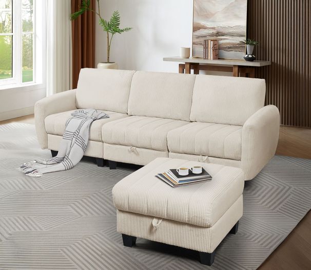 Beige White Corduroy Fabric Sofa With OTTOMAN_voghion.com