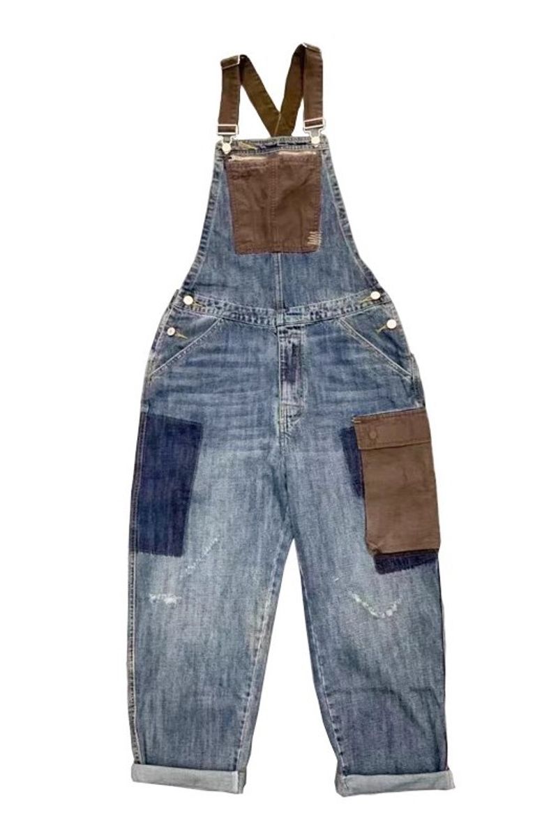 Herrenbekleidung Papahose Kontrastfarbe Denim Arbeitskleidung große Tasche Overalls Herren Casual Einteiler Hosenträger lang_voghion.com