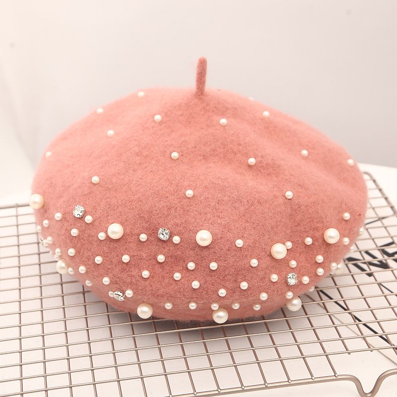 Boina de lana de cachemira de gran oferta para invierno con perlas de diamantes de imitación, boina elegante para mujer, sombrero de otoño y primavera, estilo francés de color liso para mujer_voghion.com