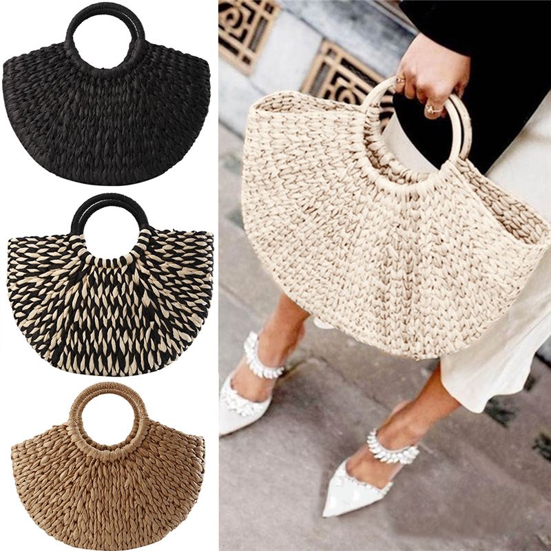 Femmes sac à main rotin osier paille tissé demi-rond sac grande capacité femme décontracté voyage fourre-tout mode Bolsos_voghion.com