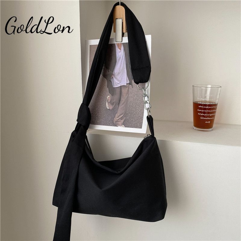 GOLDLON Schwarze Umhängetaschen für Frauen 2022 Designer-Handtasche Nylon Shopper Mädchen Kette Abnehmbarer verstellbarer Riemen Messenger Schultertasche_voghion.com
