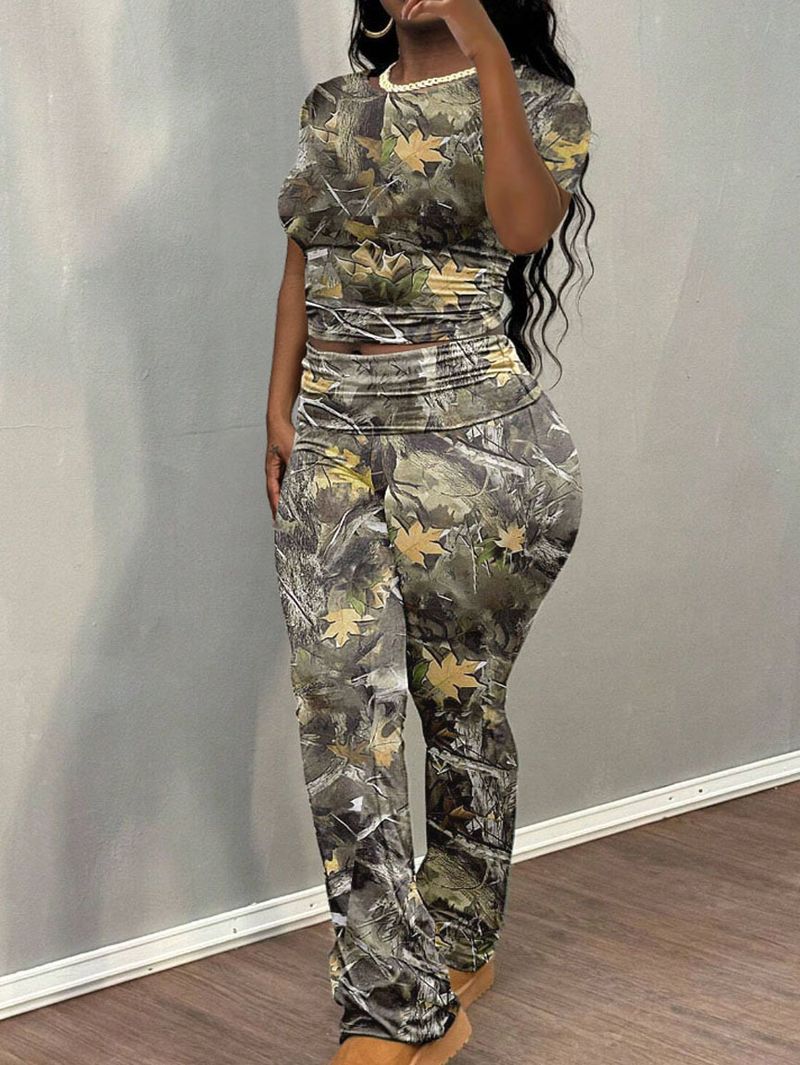 Botanical Print Lounge Set – Long Sleeve Tee & Trousers (Spring , Milk Silk-Polyester Blend, JAsymmetrical Draping)​_voghion.com