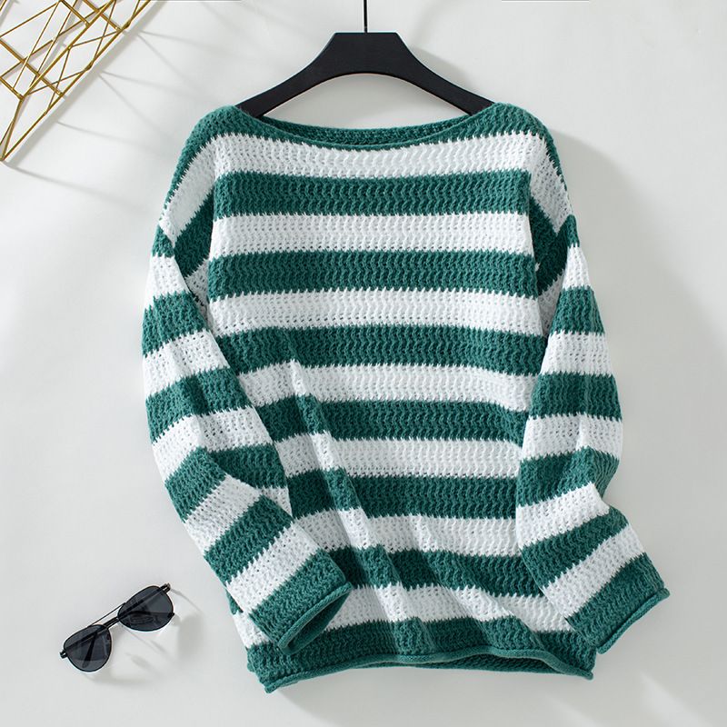 Lockerer, lässiger, langärmliger Strickpullover mit Streifen für Damen im Herbst und Winter_voghion.com