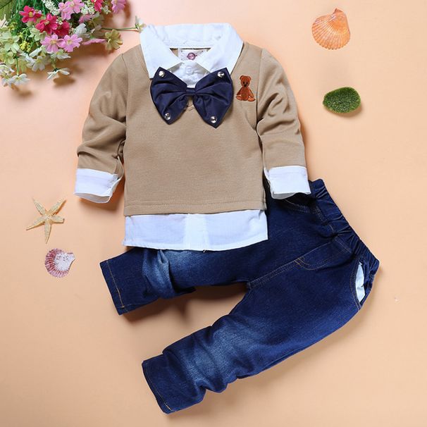 Kids’ Clothing Spring And Autumn New Infant Boy Bow Tie Top Denim Trousers Gentleman Suit Two Piece Suit_voghion.com