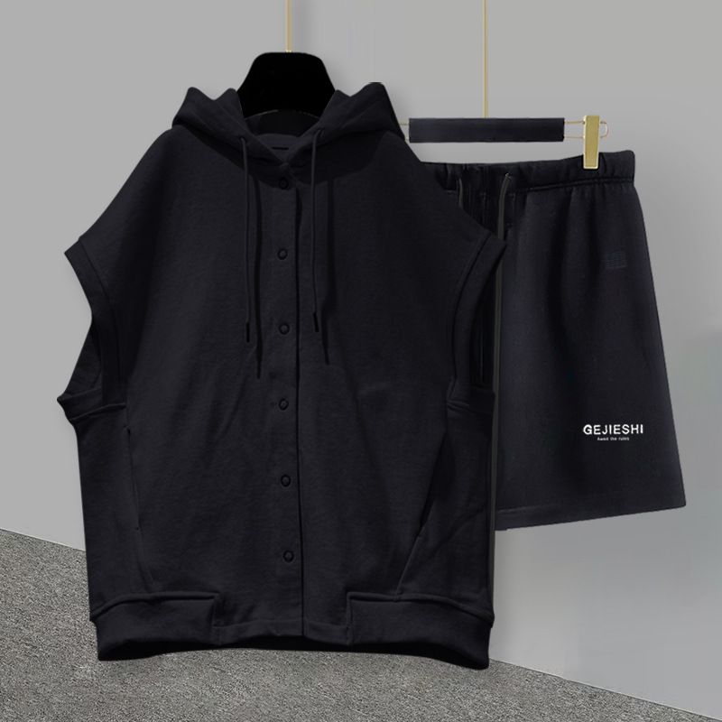 Herrenbekleidung Mit Kapuze ärmelloses T-Shirt Anzug Herren Sommer Ins Koreanische Version Trendy Nähte Hübsche Große Größe Lose Freizeithosen Shorts_voghion.com