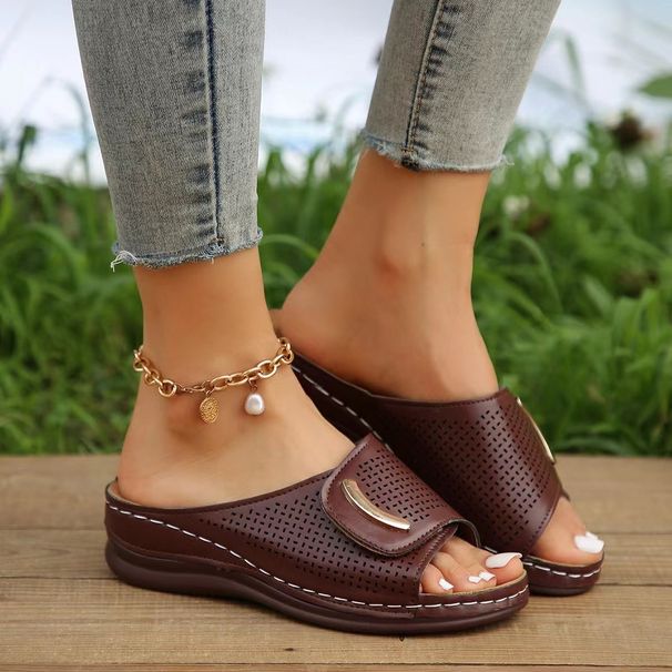 Women's large wedge-heeled sandals women's wide strip line breathable casual shoes Solid color wedge-heeled women's shoes_voghion.com