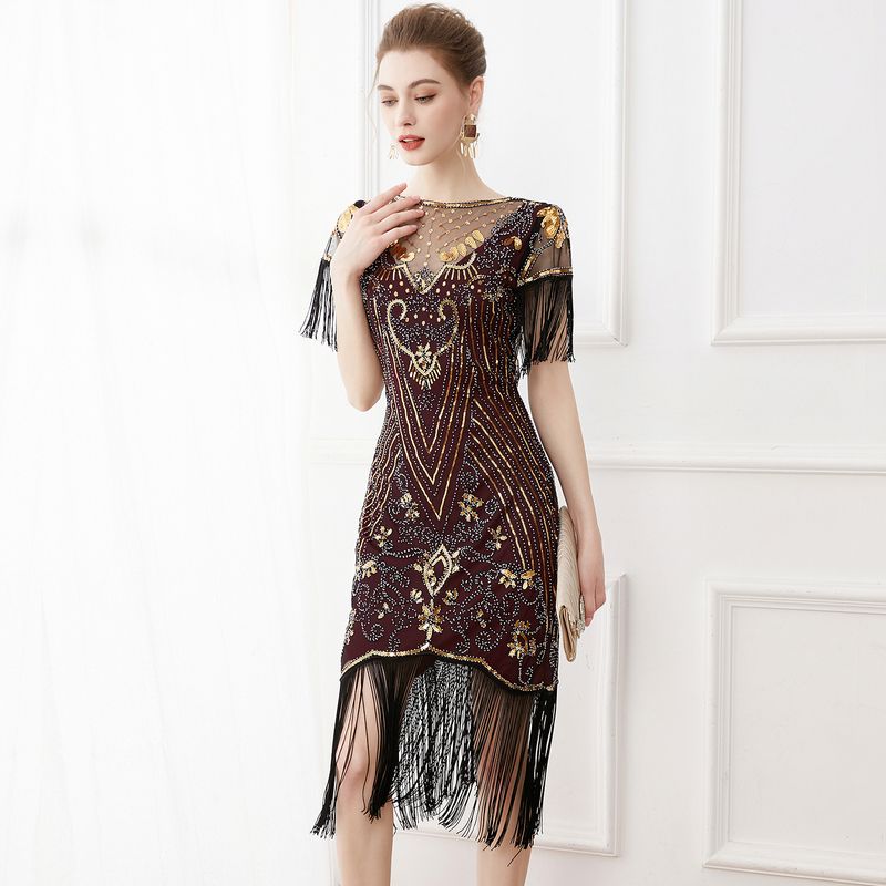 Women's  retro ball embroidered fringed dress cocktail party large size sequined beaded mesh dress_voghion.com