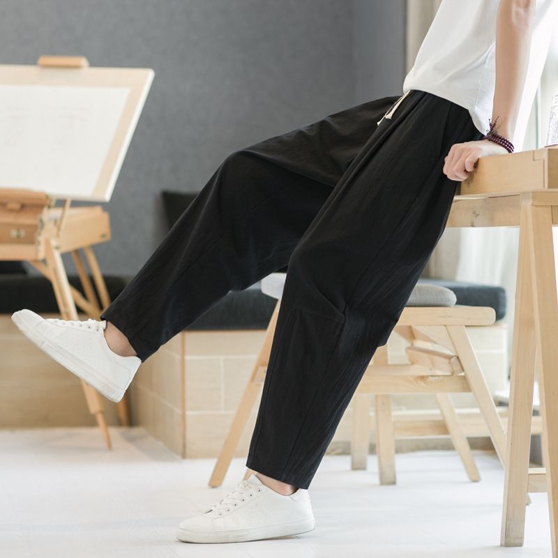 Man's clothing Summer casual pants men's linen loose linen pants nine points long pants straight leg pants_voghion.com