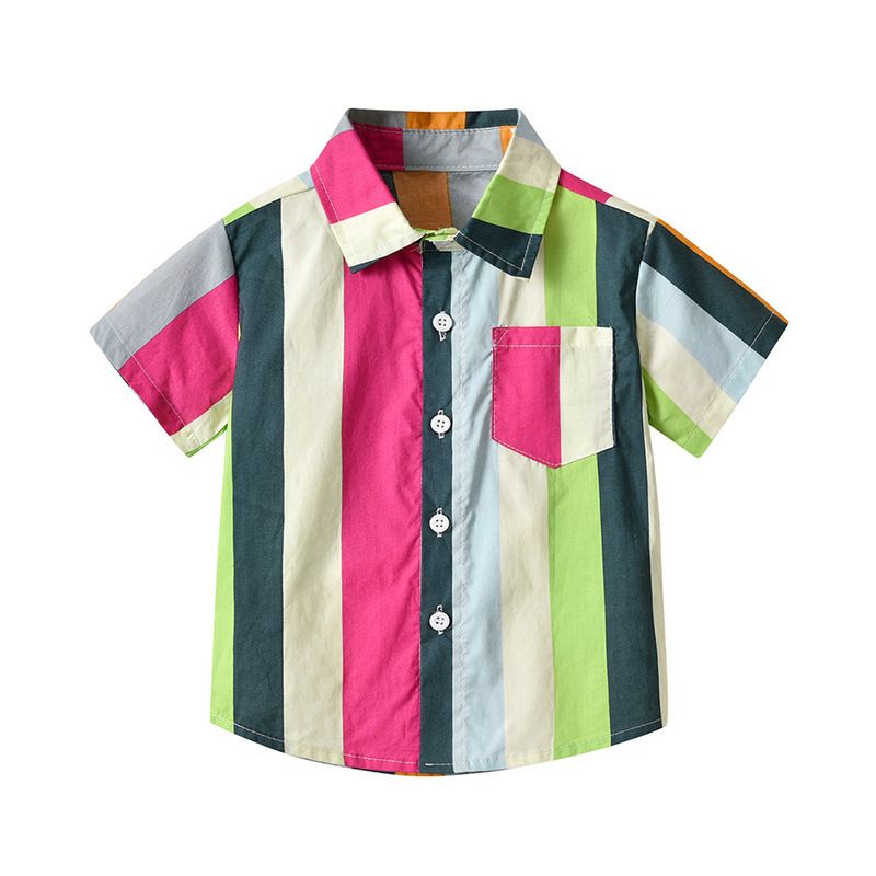 Kinderkleding regenboog gestreepte korte mouwen shirt nieuwe aankomst kinder katoenen revers mode vest Koreaanse stijl jas baby_voghion.com