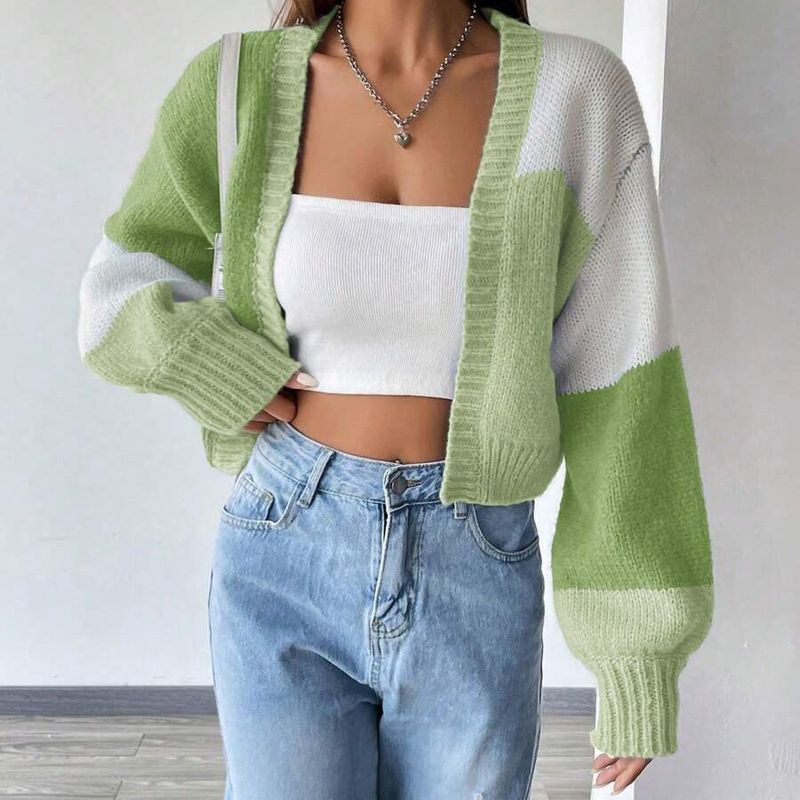 Damen-Strickjacke mit Farbblock-Streifen – Lässiger Retro-Mantel mit langen Ärmeln und offener Vorderseite für Damen_voghion.com