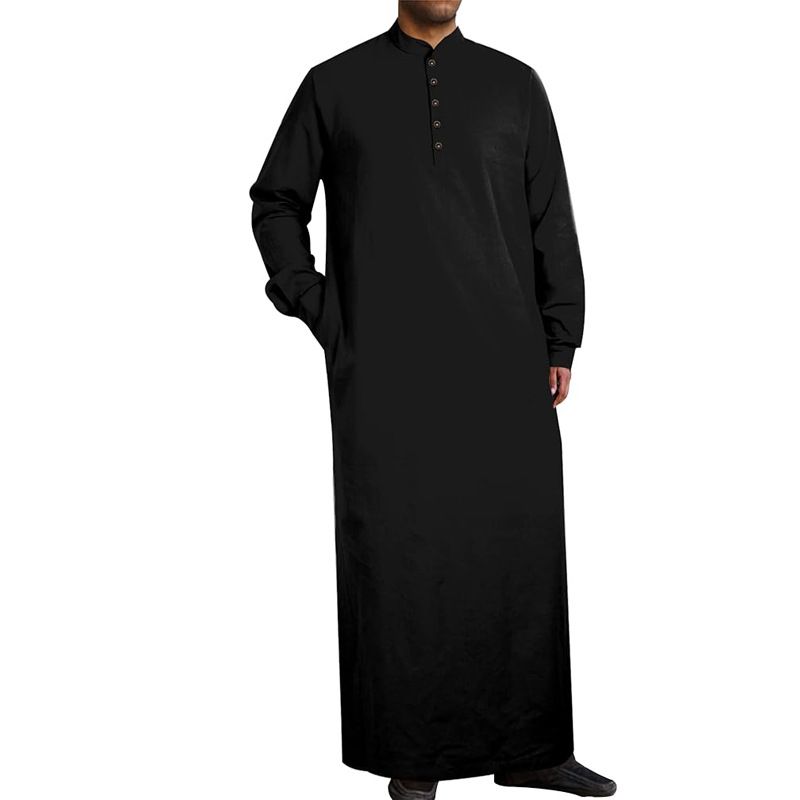 Men's Clothing Simple Cotton And Linen Long Men's Stand Collar Button Muslim Robe With Pockets_voghion.com