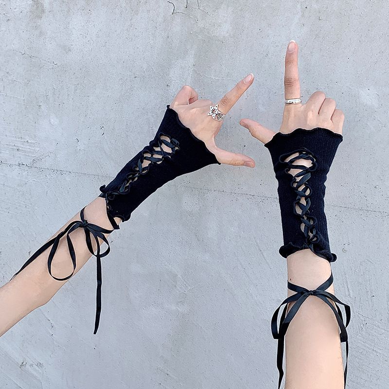 Y2K Decorative JK DIY Lolita Girl Lace-up Fingerless Gloves_voghion.com