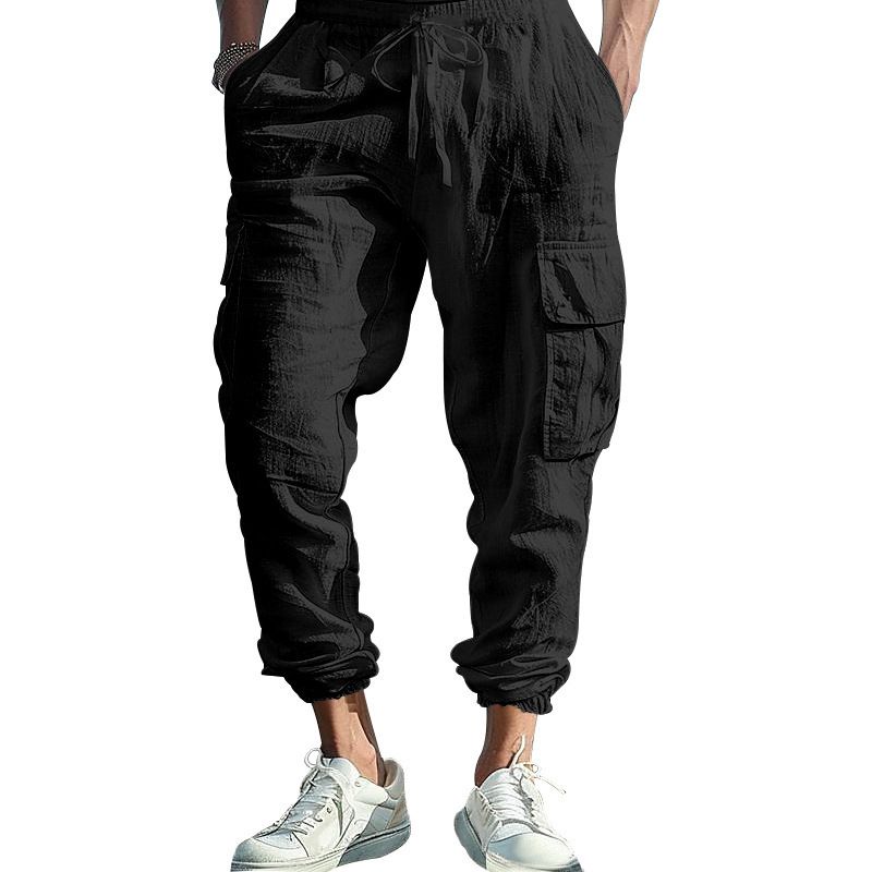 Herrenbekleidung Herbstliche Freizeithose aus Baumwolle und Leinen für Herren mit Bündchen und mehreren Taschen und Kordelzug, einfarbig, lockerer Overall für Herren_voghion.com