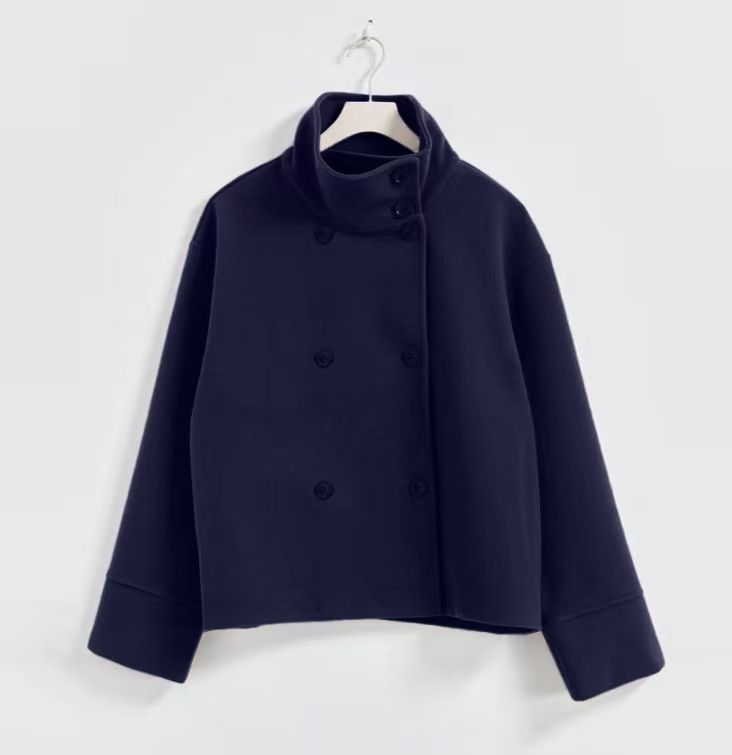 Women's Wool Blend Peacoat - Oversized Double Breasted Jacket With Stand Collar, Elegant Fall/Winter Outerwear For Business Casual_voghion.com