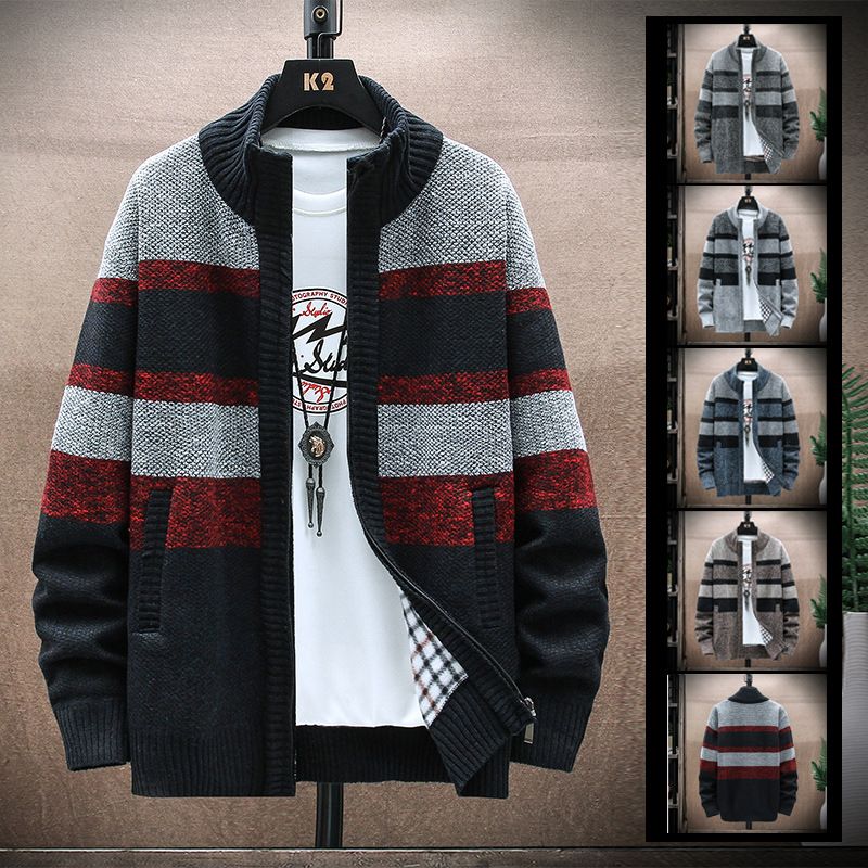 2023 nuova giacca casual da uomo autunno e inverno colletto alla coreana cardigan lavorato a maglia maglione di velluto ispessito tendenza maschile_voghion.com