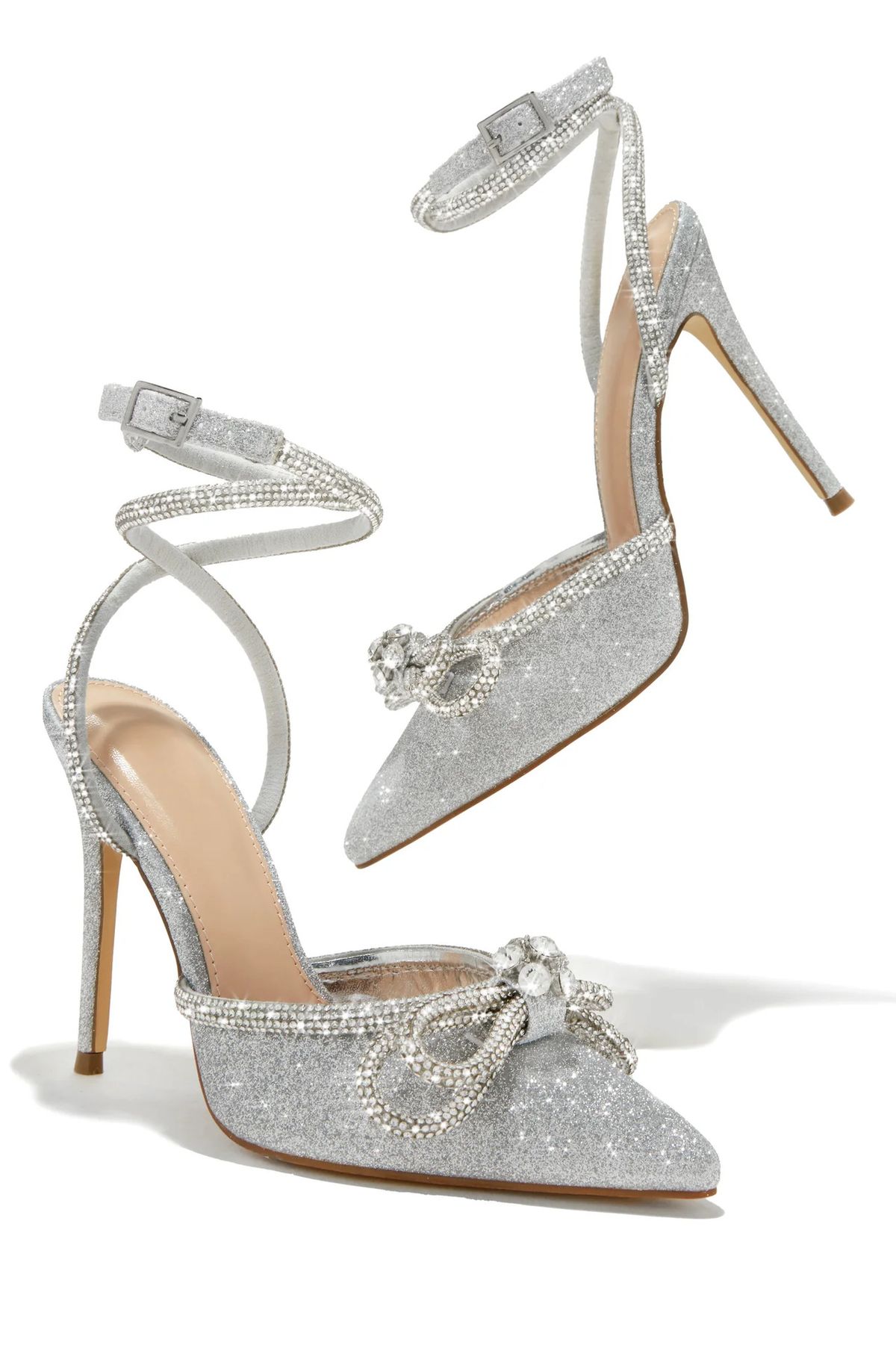 New Style Pointed Shiny Rhinestone Bow Stilettos Thin Straps Wrapped Straps Party Banquet Women's High Heels_voghion.com