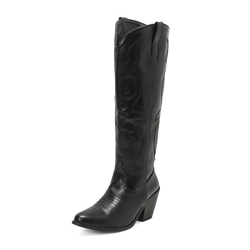 Cowboystövlar dam Broderade långa spetsiga cowboystövlar för flickor, vintage chunky häl med dragkedja på sidan Rusticale boots_voghion.com