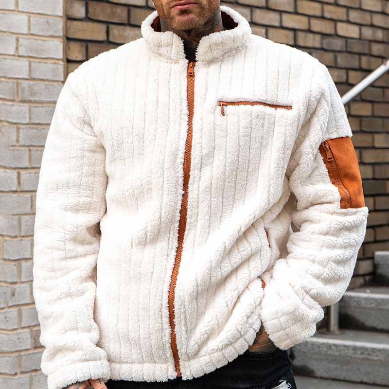 Herrenbekleidung Kontrastfarbenes Design Plüschjacke Lässiger Herrenmantel mit lockerem Herbst- und Winterstil_voghion.com