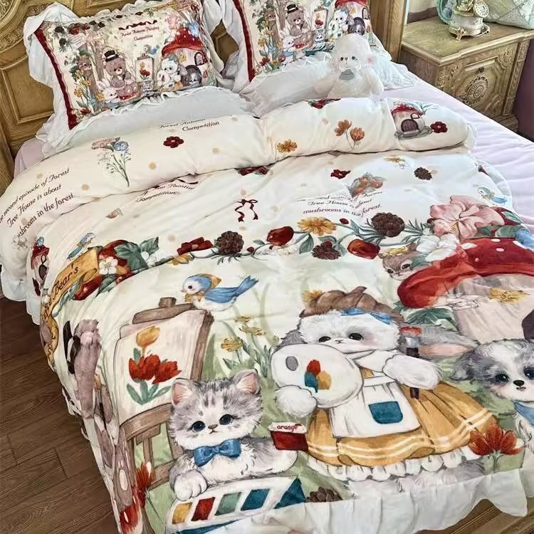 Autumn/Winter Thickened Warm Fleece Four-Piece Set With Coral Fleece Duvet Cover_voghion.com