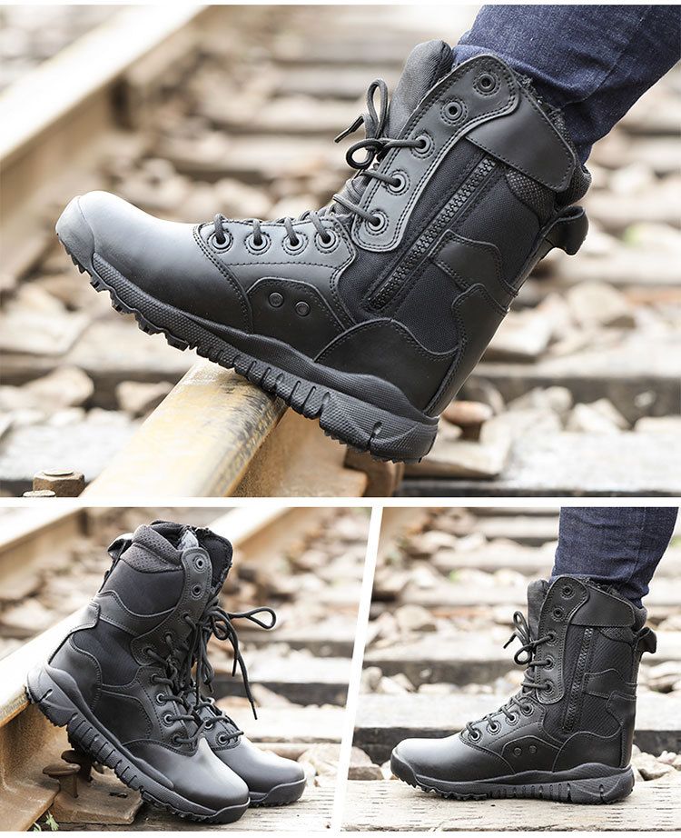 Stivali da combattimento neri Xiaolong Stivali da combattimento leggeri Stivali tattici da esterno alti con assorbimento degli urti Stivali da combattimento traspiranti_voghion.com
