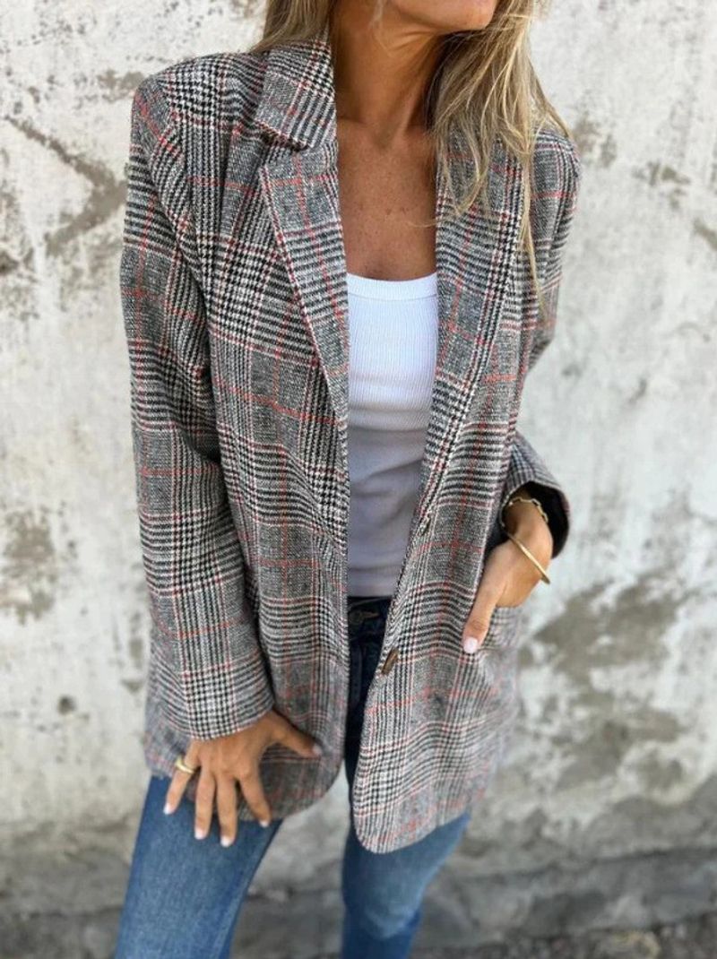 Élégant blazer pied-de-poule pour femme – Cardigan ouvert à manches longues d'inspiration vintage avec col cranté, coupe ample et poches_voghion.com