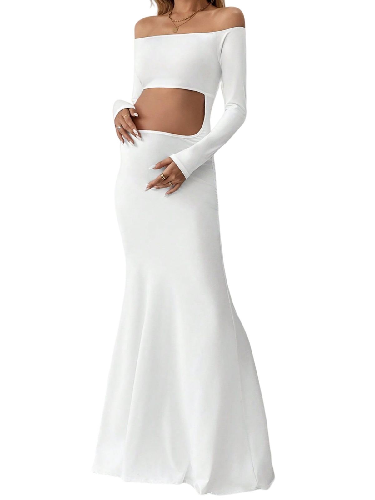 Kadın Giyim Tek Omuzlu Zemin Uzunluğu Seksi İnce Moda Düz Renk Uzun Kollu Göbek Açık Annelik Elbisesi_voghion.com