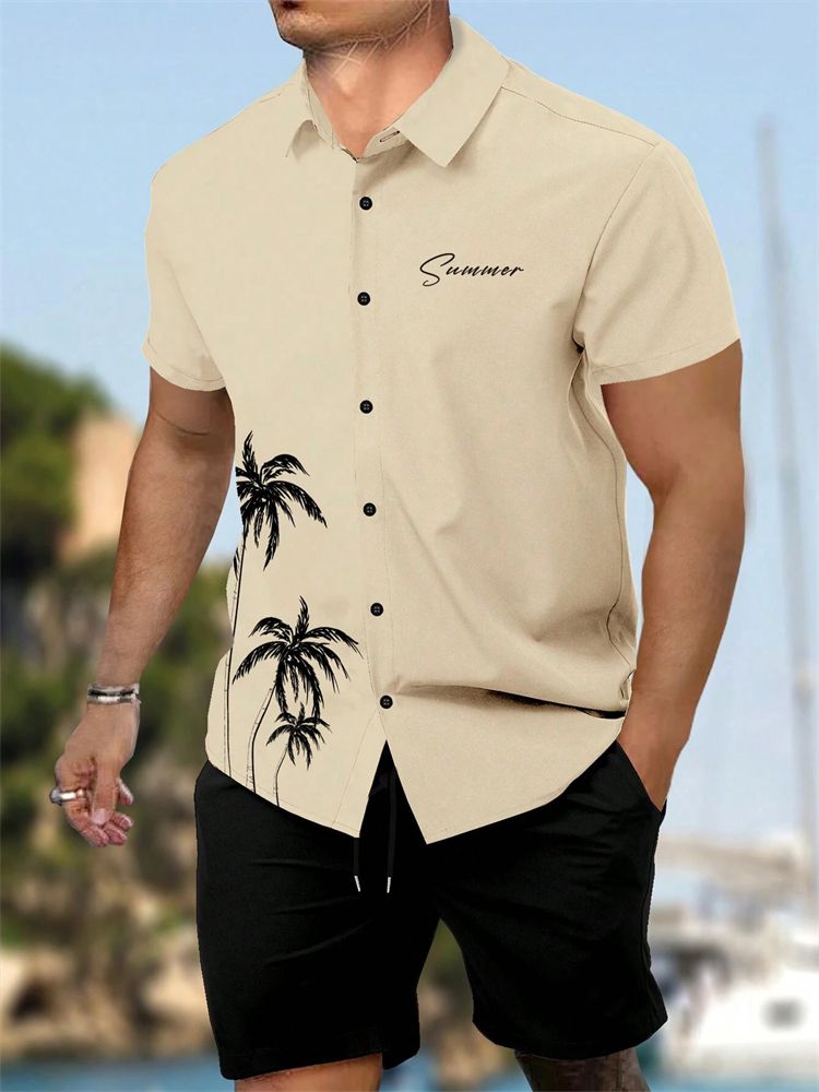 Sommer Neues Herren-Kurzarmhemd Und Shorts 2-teiliges Set Mode Coconut Tree Print Revershemd Strand Kordelzug Shorts Set_voghion.com