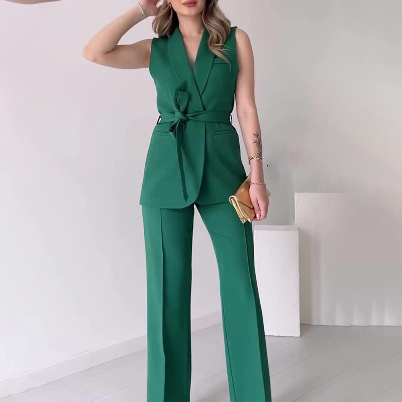 Women's Summer Sleeveless V-Neck Tie-Waist Vest High-Waist Straight Pants Suit Set, Trendy Streetwear Outfit For Casual & Office Wear_voghion.com