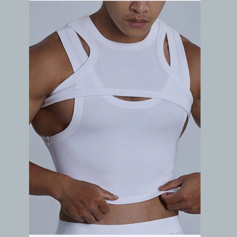 Men's Clothing Street Fashion Sexy Irregular Tank Camisole Camisole Two Piece Set_voghion.com