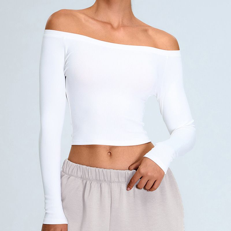 Long-sleeved Yoga Clothes Women's Sexy One-word Shoulder Sports T-shirt Running Top Tight Sports Fitness Clothes_voghion.com