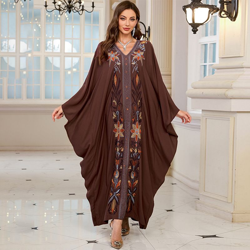 Abito lungo in rayon – Kimono da spiaggia ricamato a mano con spacchi laterali (taglia unica, marrone, abbigliamento da spiaggia arioso, copricostume, adatto alle taglie forti)_voghion.com