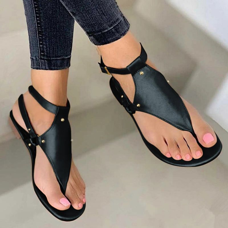 Zapatillas planas de verano para mujer, chanclas de cuero Pu, zapatos femeninos con hebilla de cinturón, sandalias de moda romana nuevas 2024_voghion.com