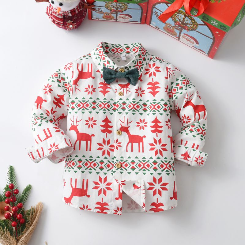 Boys' Christmas Printed Shirt Children's Christmas Bow Tie Party Cardigan_voghion.com