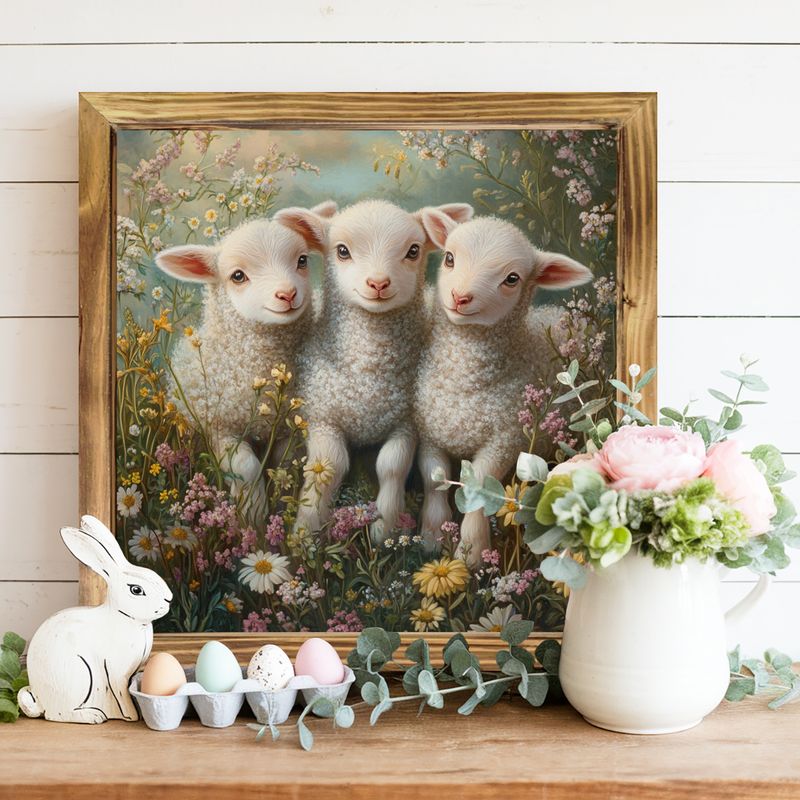 Panneau en bois vintage 8 x 8 pouces avec agneaux et fleurs – Décoration murale rustique encadrée pour cuisine, chambre, bureau – Cadeau idéal pour Pâques ou une pendaison de crémaillère_voghion.com