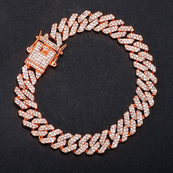 Bracciale a catena cubana con maglie cubane a griffe, stile hip hop, da uomo e da donna, con 2 file di strass, da 13 mm, ghiacciato, con pavé di Miami e rombi._voghion.com