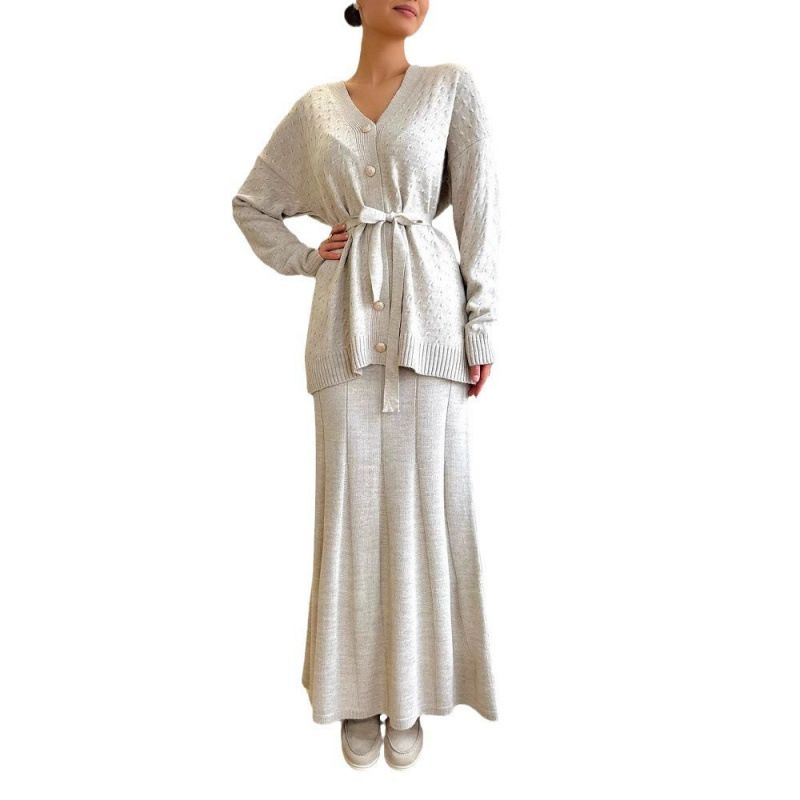 Elegante effen blazer en rokset voor dames, lange mouwen, knoopjesjasje met midi-rok, lente-kantoorkleding, grote maten (Xs-Xxxl)_voghion.com