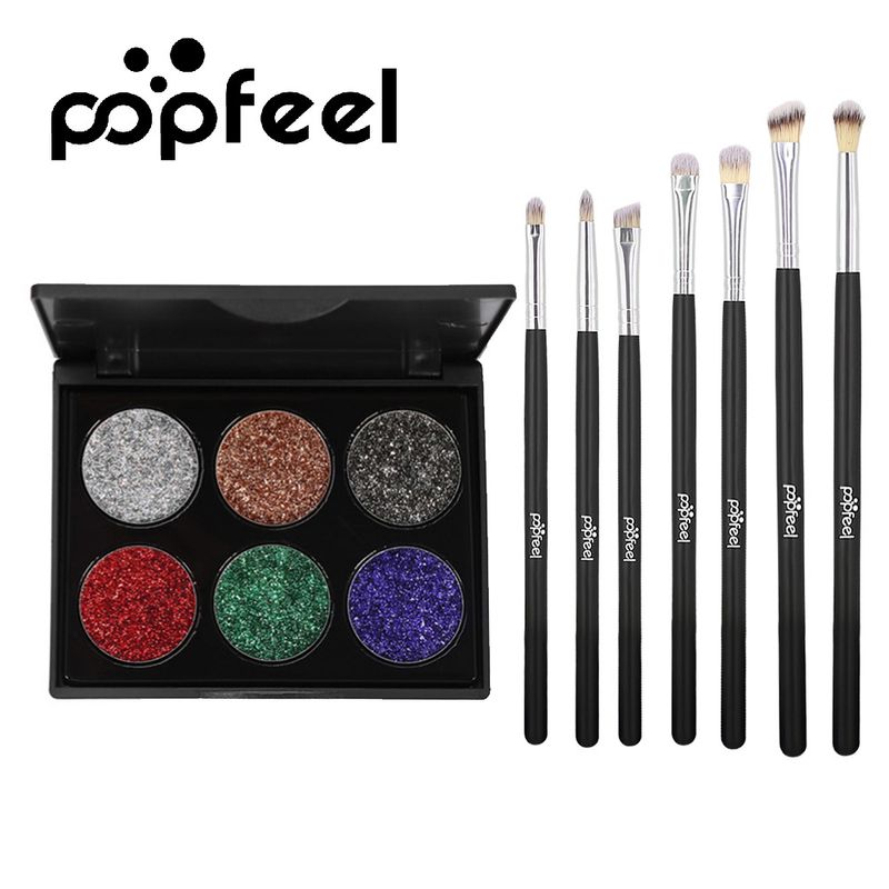 Make-up-Sets POPFEEL 6 Farbe Lidschatten + 7 Make-up-Pinsel Glitter Lidschatten Make-up Kombination Set Schönheit_voghion.com