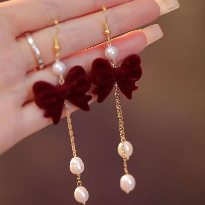 Pendientes de mujer Dream pendientes largos con borlas de perlas y lazo burdeos pendientes festivos de novia rojos para mujeres de todos los días_voghion.com